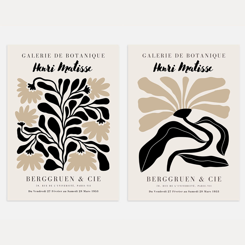 Matisse abstract flowers set of 2 posters with black and beige floral shapes