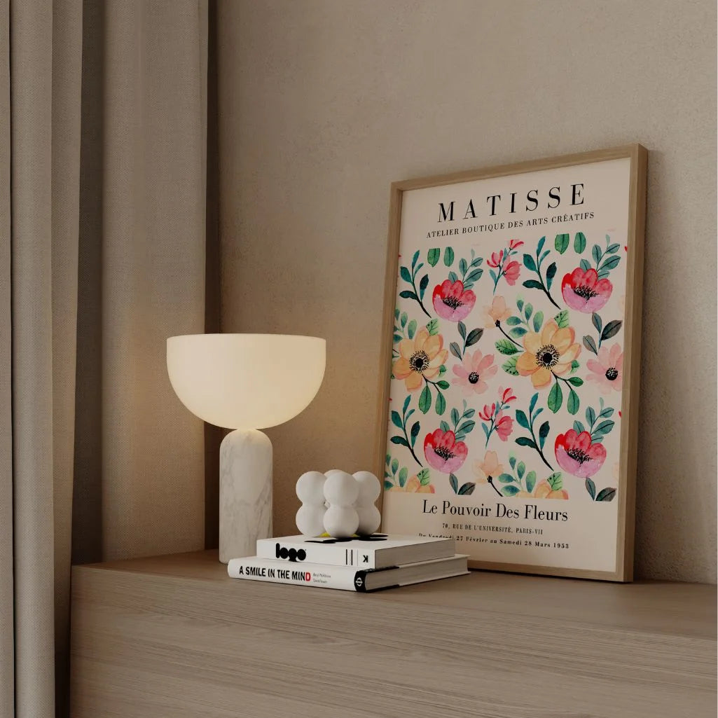 Close up of colorful floral poster showing bold tones and soft watercolor texture