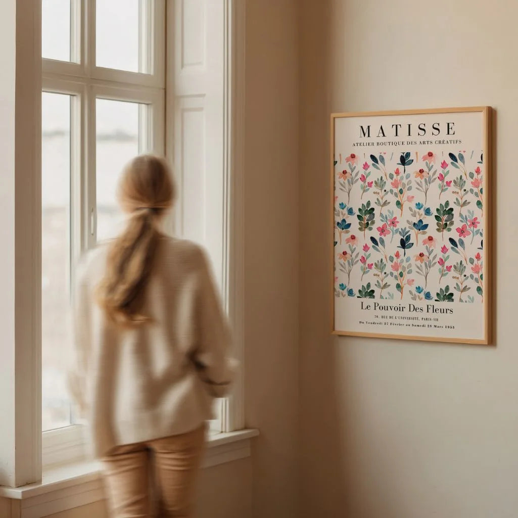 Matisse inspired garden poster displayed in gallery wall arrangement with botanical art