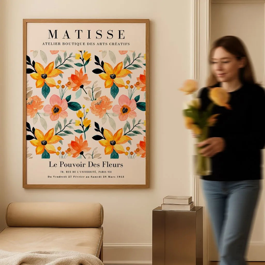 Matisse inspired orange flowers poster displayed in gallery wall arrangement