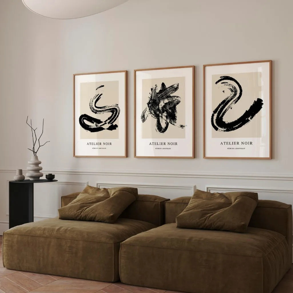 Minimal abstract ink art poster set with dynamic black lines and beige tones