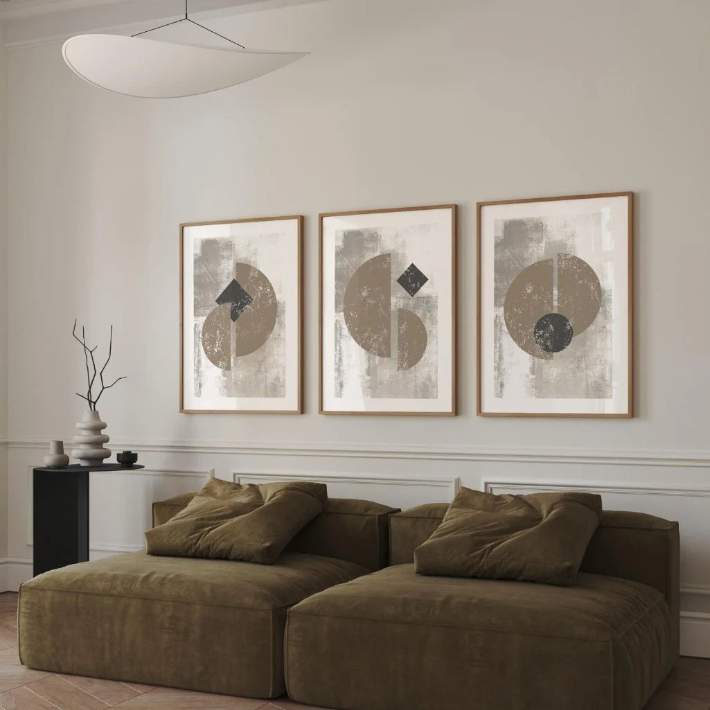 neutral beige black abstract shapes poster set of 3 for gallery wall decor