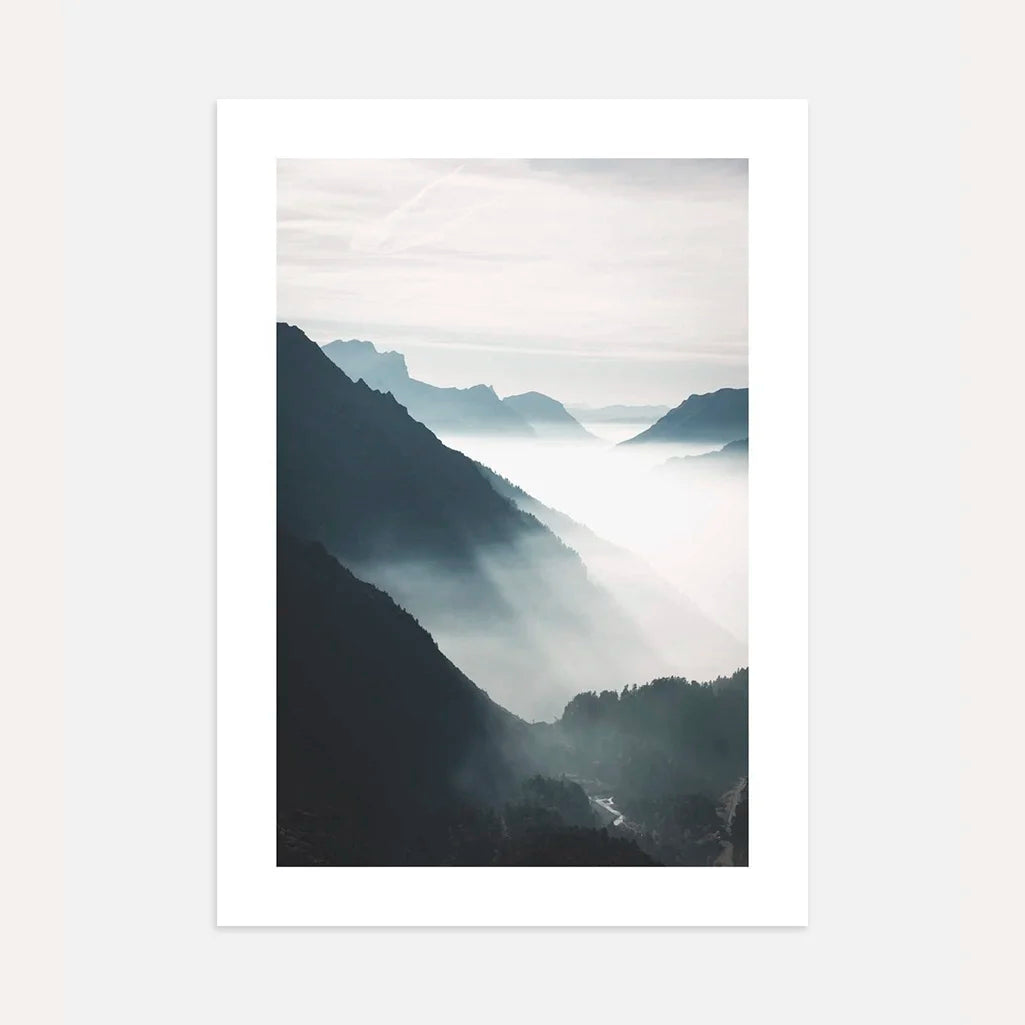 misty valley poster mountain landscape wall art