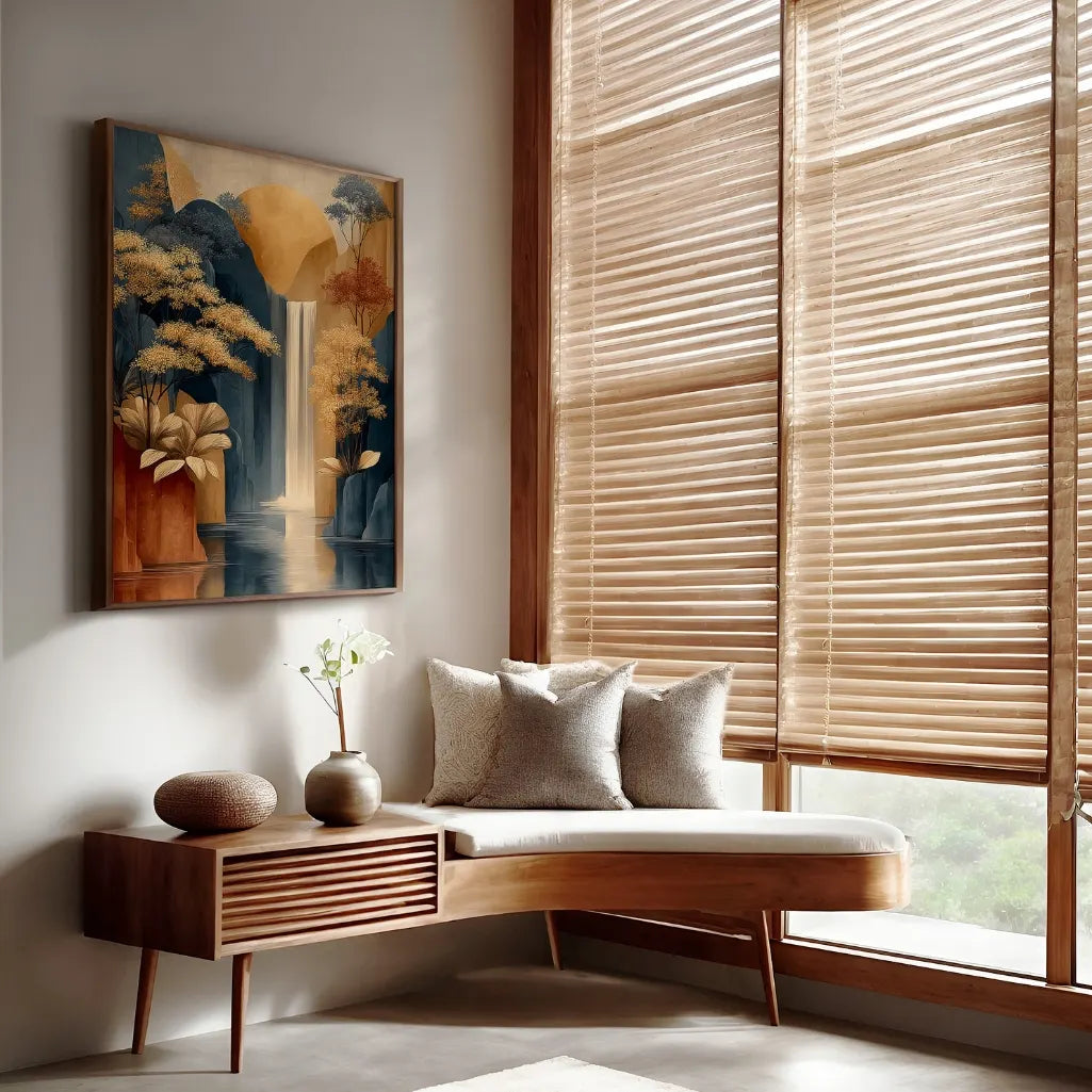 abstract waterfall wall art with warm earthy colors and botanical landscape design for boho interiors
