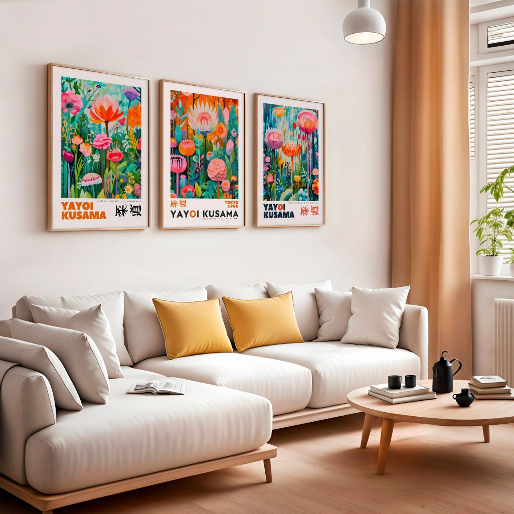 Gallery wall with colorful floral poster set of 3, modern botanical wall art in pink orange turquoise palette
