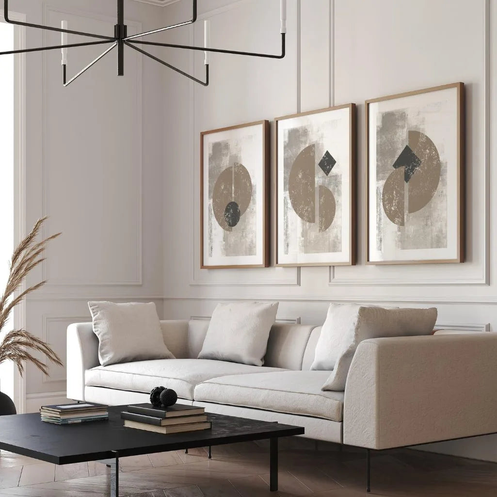 modern geometric poster set of 3 beige black minimalist wall art decor
