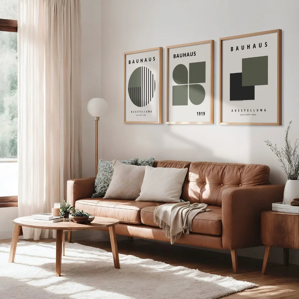 geometric bauhaus poster set styled in modern living room interior