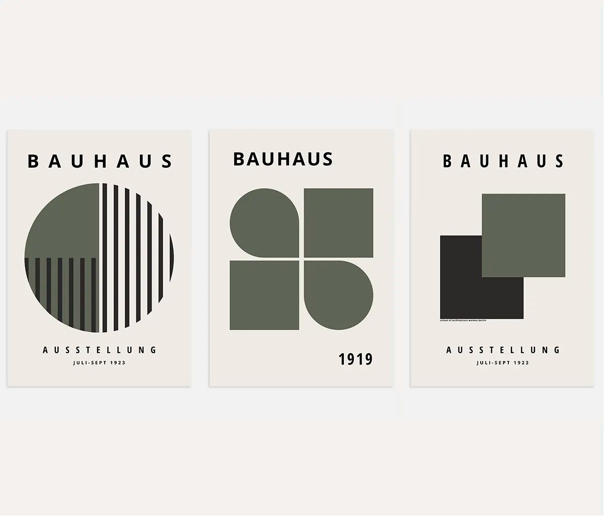 bauhaus poster set of 3 with geometric modernist structure in olive green