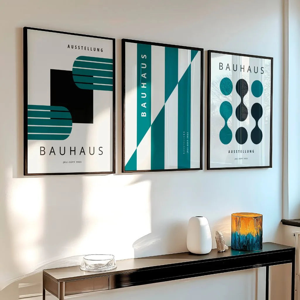 turquoise and deep green bauhaus wall art set in modern minimalist living room