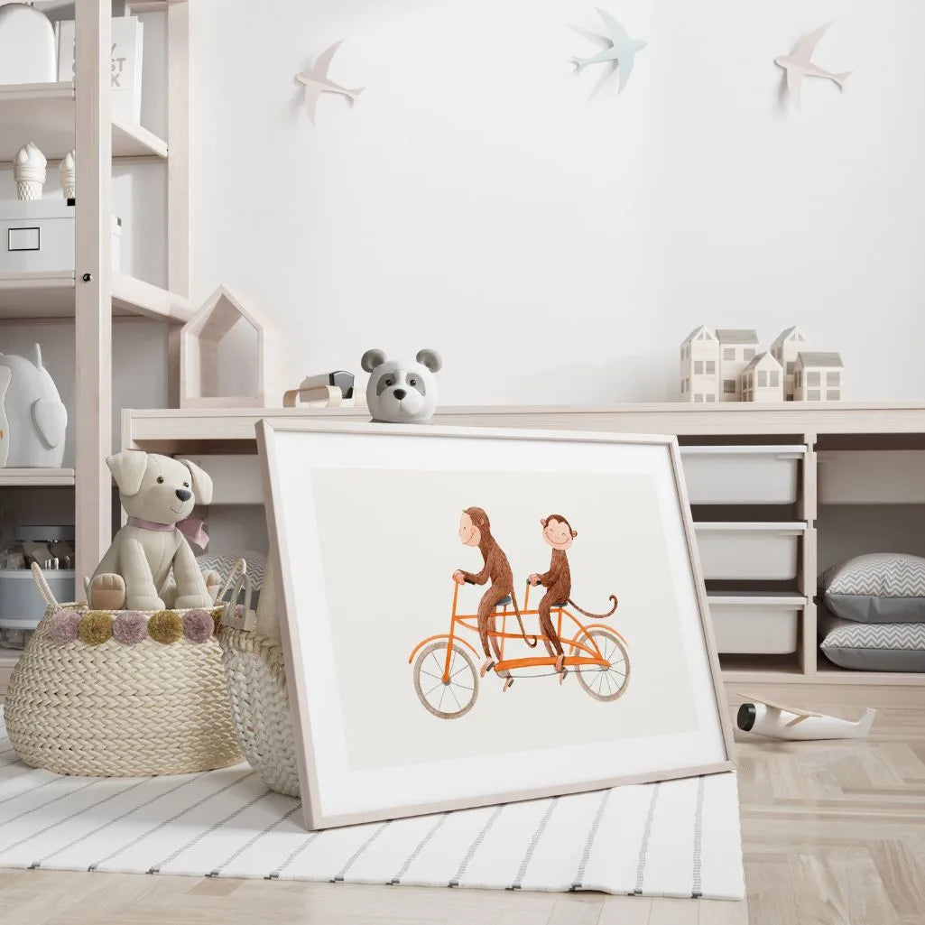 monkeys tandem bike poster nursery wall decor