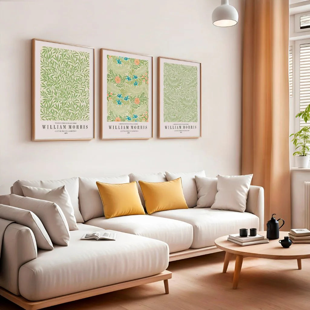 William Morris botanical pattern poster set with green ornamental wallpaper design