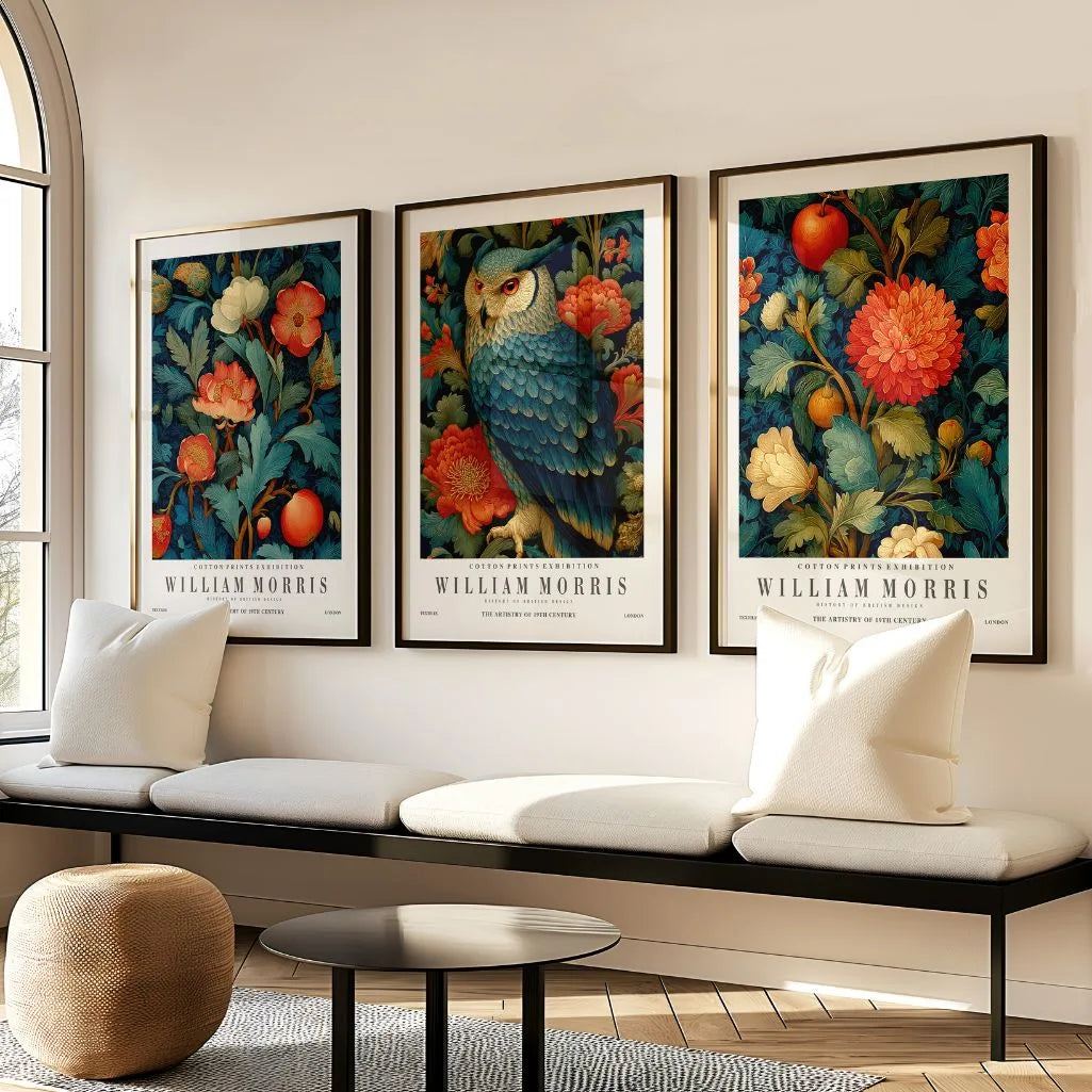William Morris owl poster set with flowers and fruits in vintage botanical style