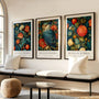 William Morris owl poster set with flowers and fruits in vintage botanical style