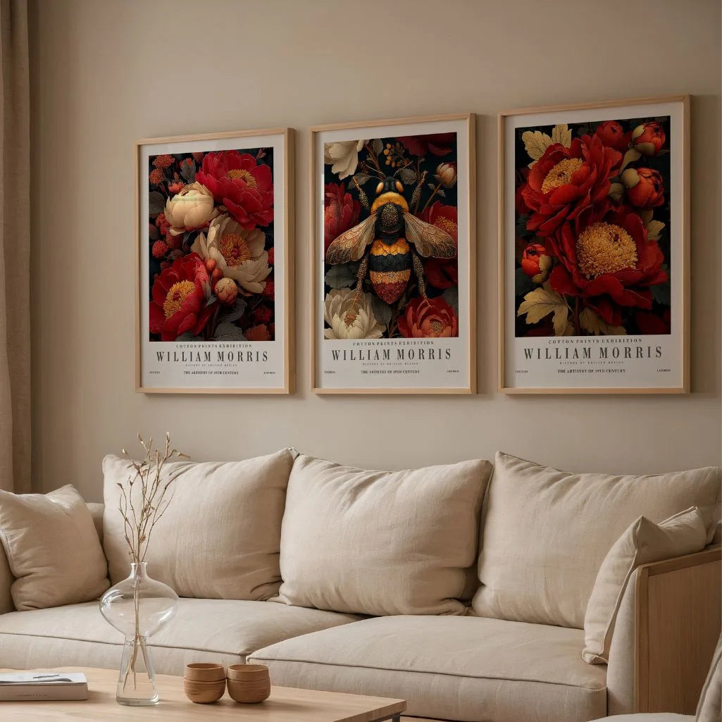 William Morris red floral poster set with bee in luxury botanical home decor style