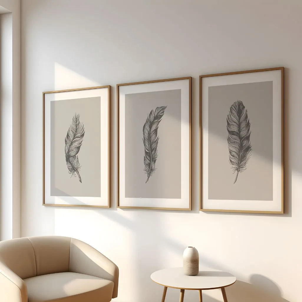 neutral feather wall art set of 3 black beige scandinavian minimalist interior decor