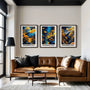 Gallery wall with blue and orange night forest poster set of 3, modern Japanese nature inspired wall art layout