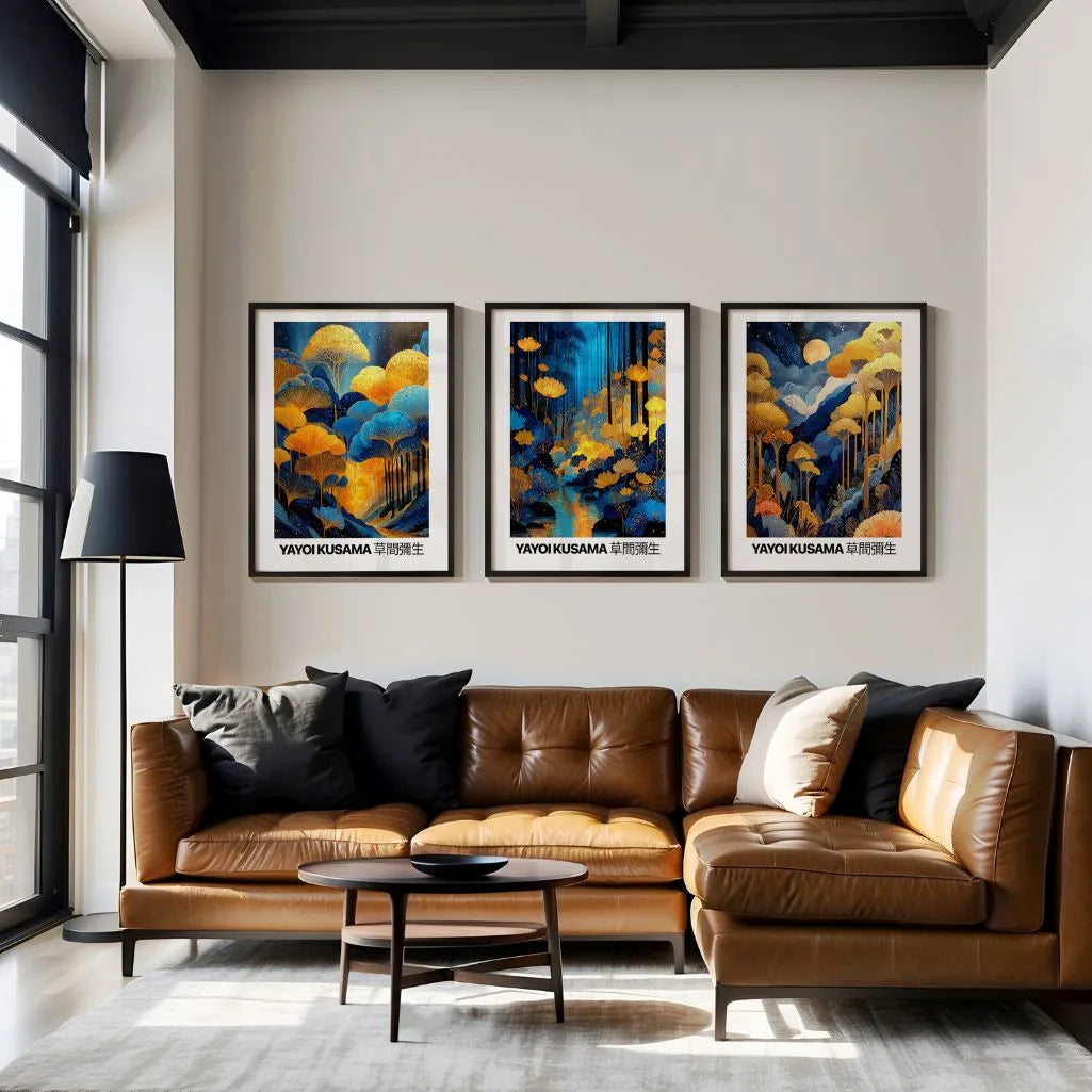 Gallery wall with blue and orange night forest poster set of 3, modern Japanese nature inspired wall art layout