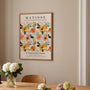 Orange flowers poster styled in modern living room with warm colorful decor