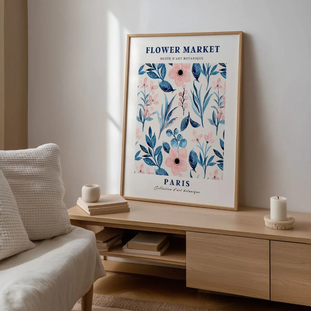 Close up of Paris blue flowers poster showing delicate watercolor petals in blue and pink