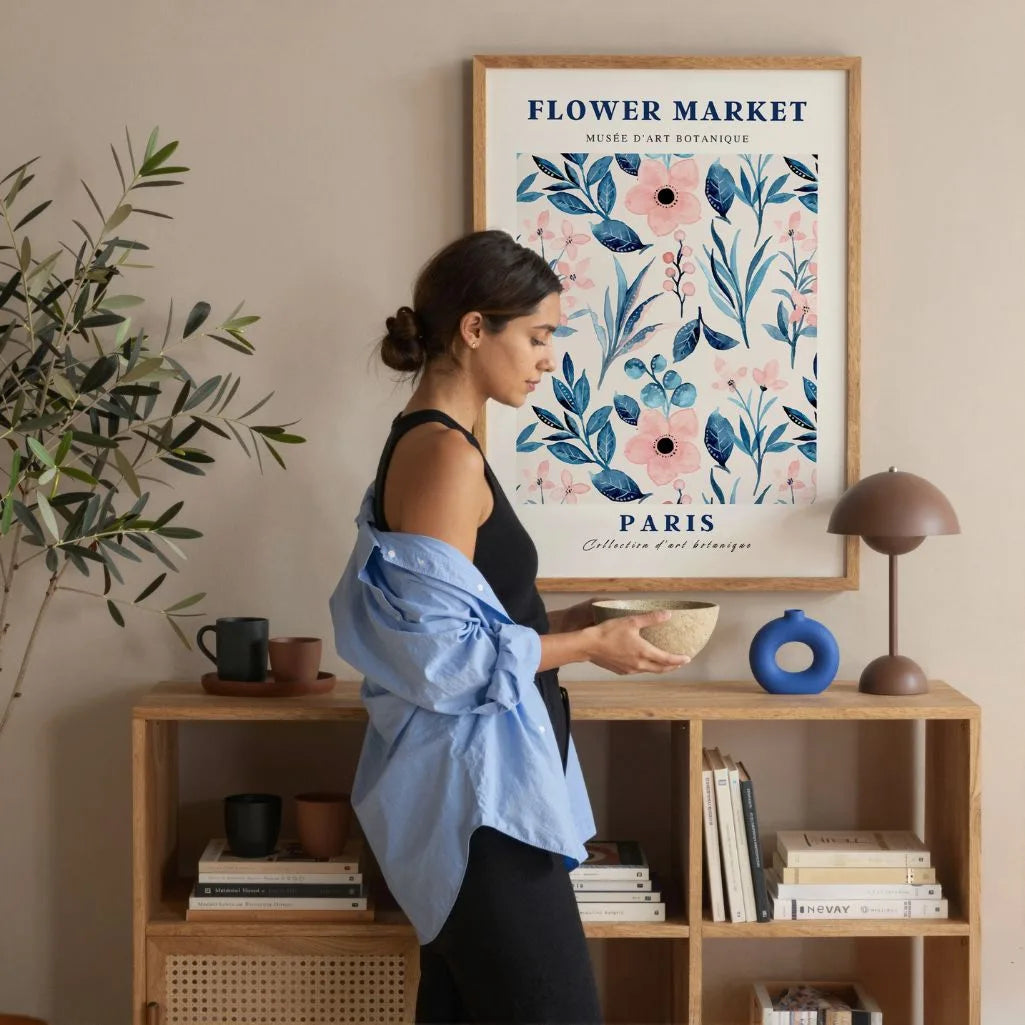 Paris blue flowers poster displayed in gallery wall with elegant floral artwork