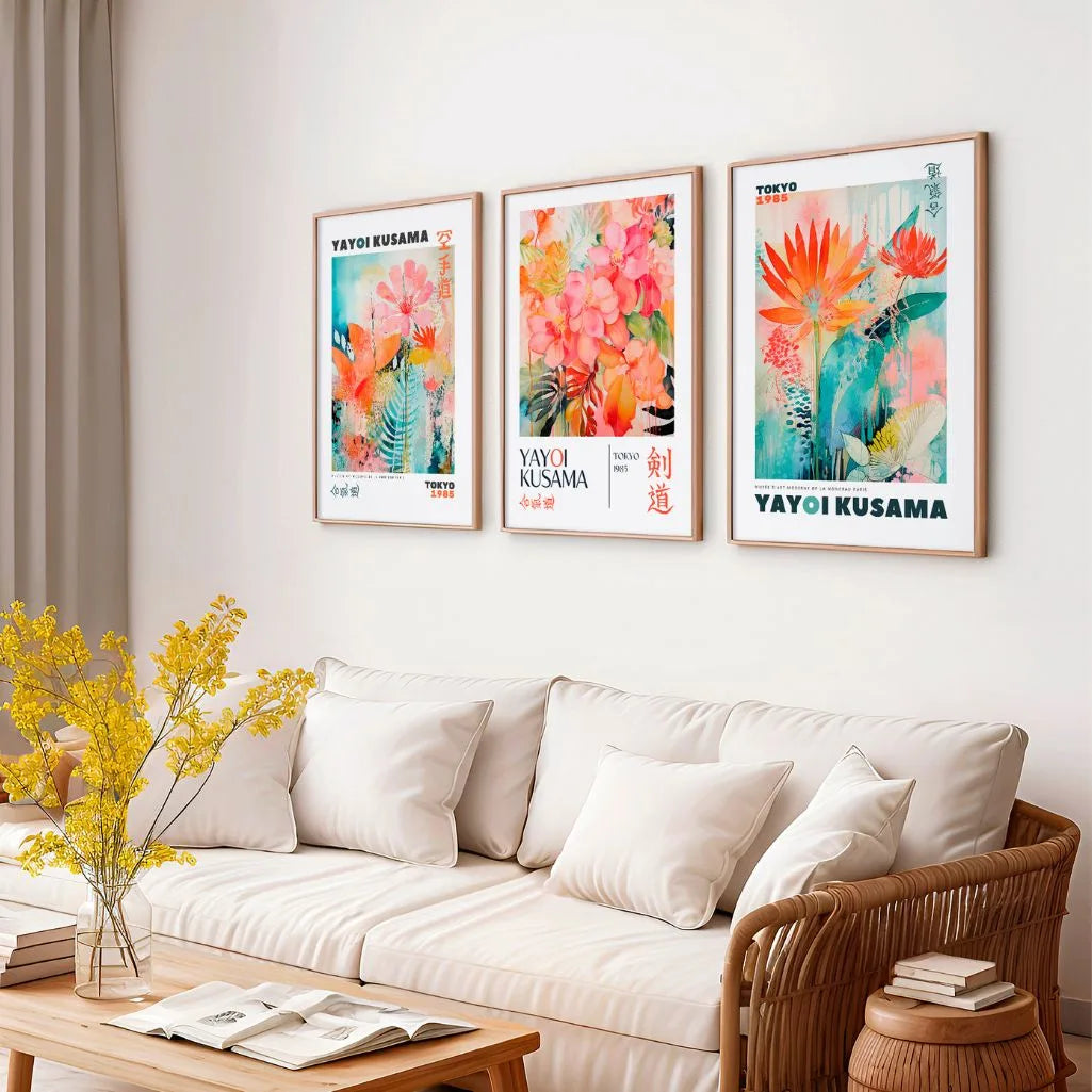 Pastel floral poster set with soft colors in modern living room decor
