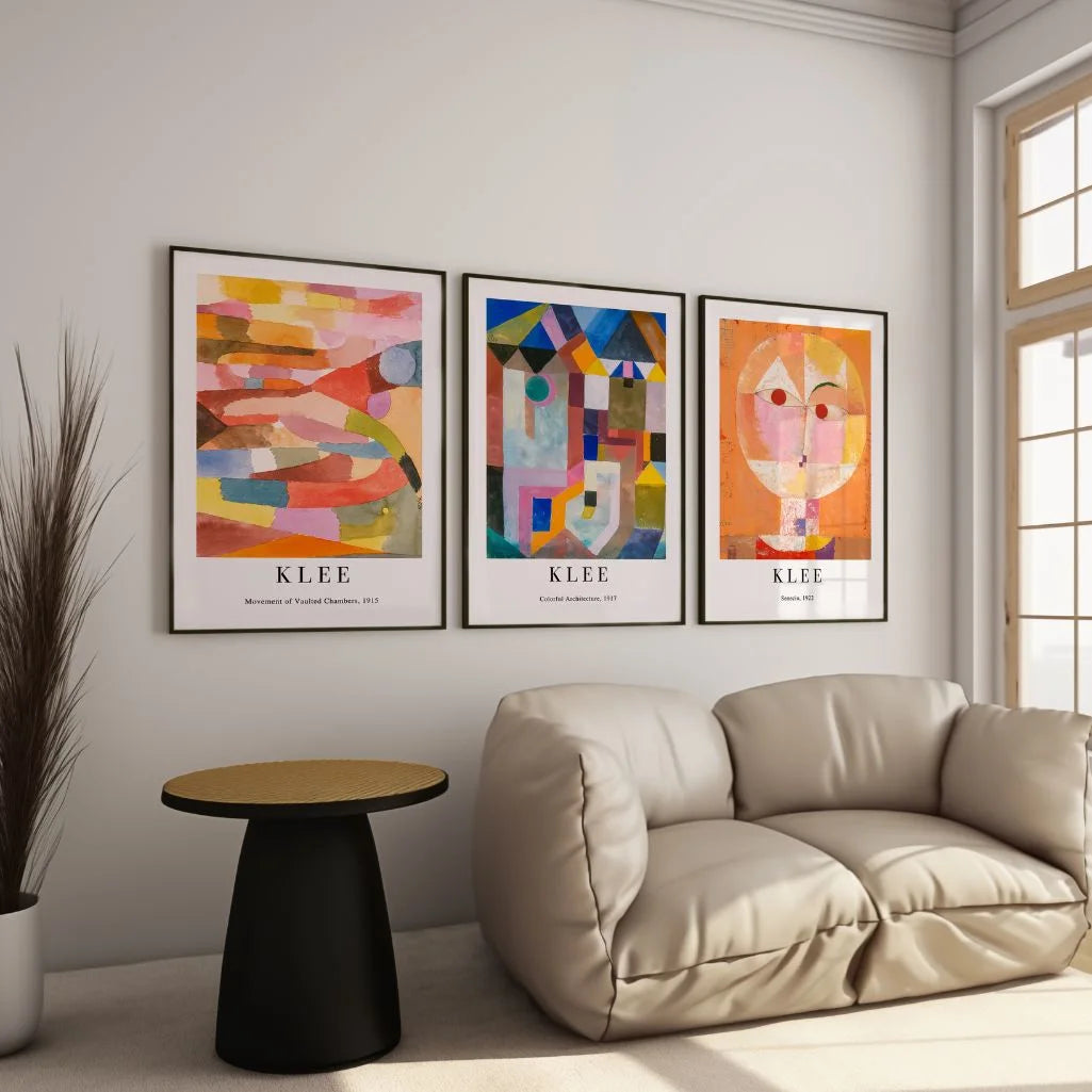 Paul Klee Bauhaus poster set with abstract colorful compositions and portrait