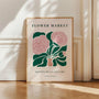 Peonies poster displayed in gallery wall with botanical vintage prints