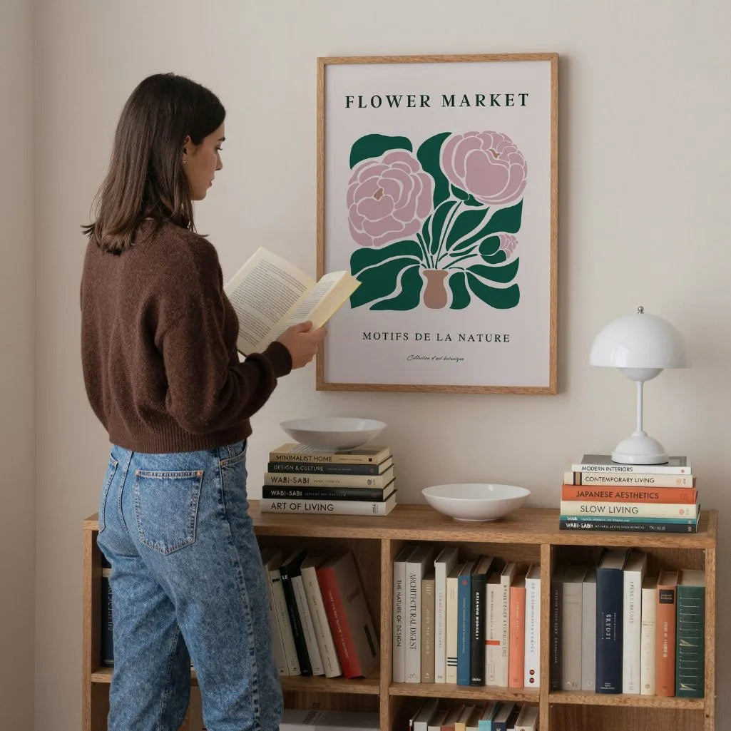 Close up of peonies poster showing pink petals and deep green background
