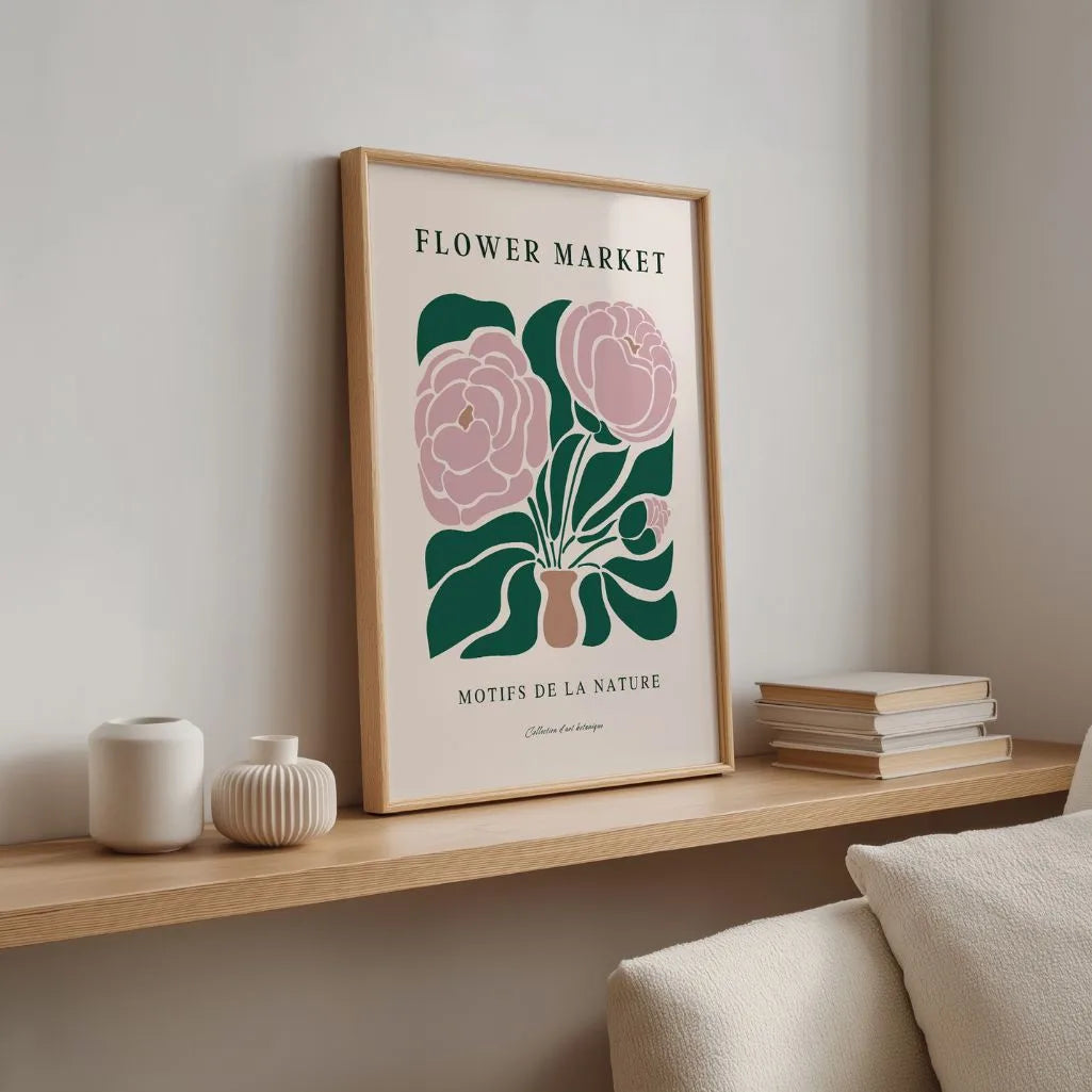 Pink peonies poster styled in living room with vintage floral decor