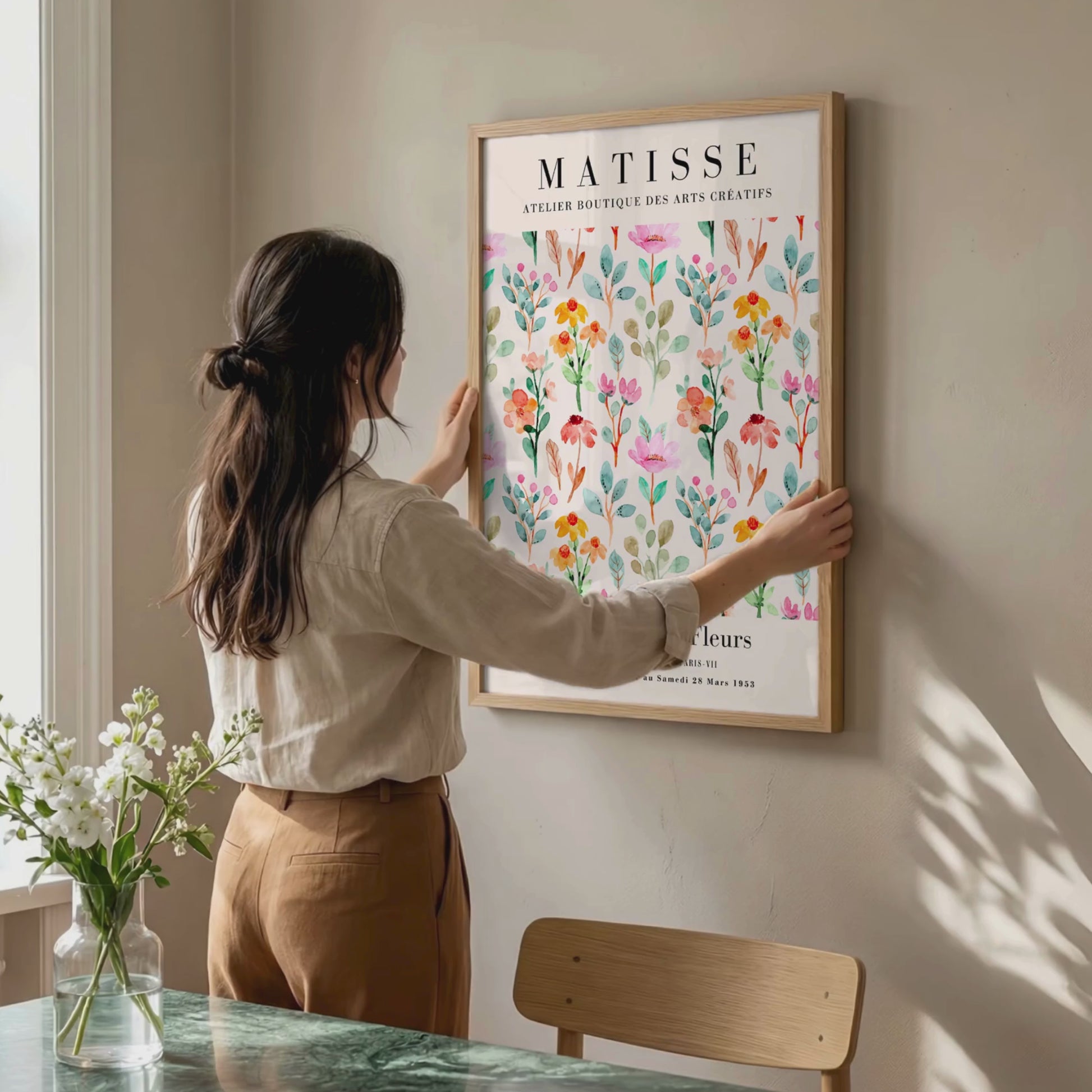 Boho Blumenposter Blau-Beige