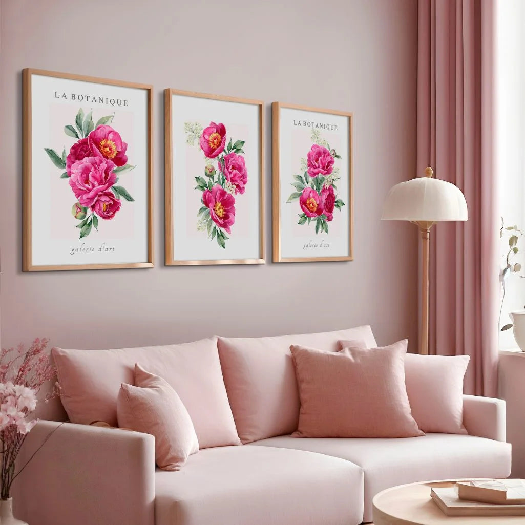 pink peony botanical poster set wall art for living room decor