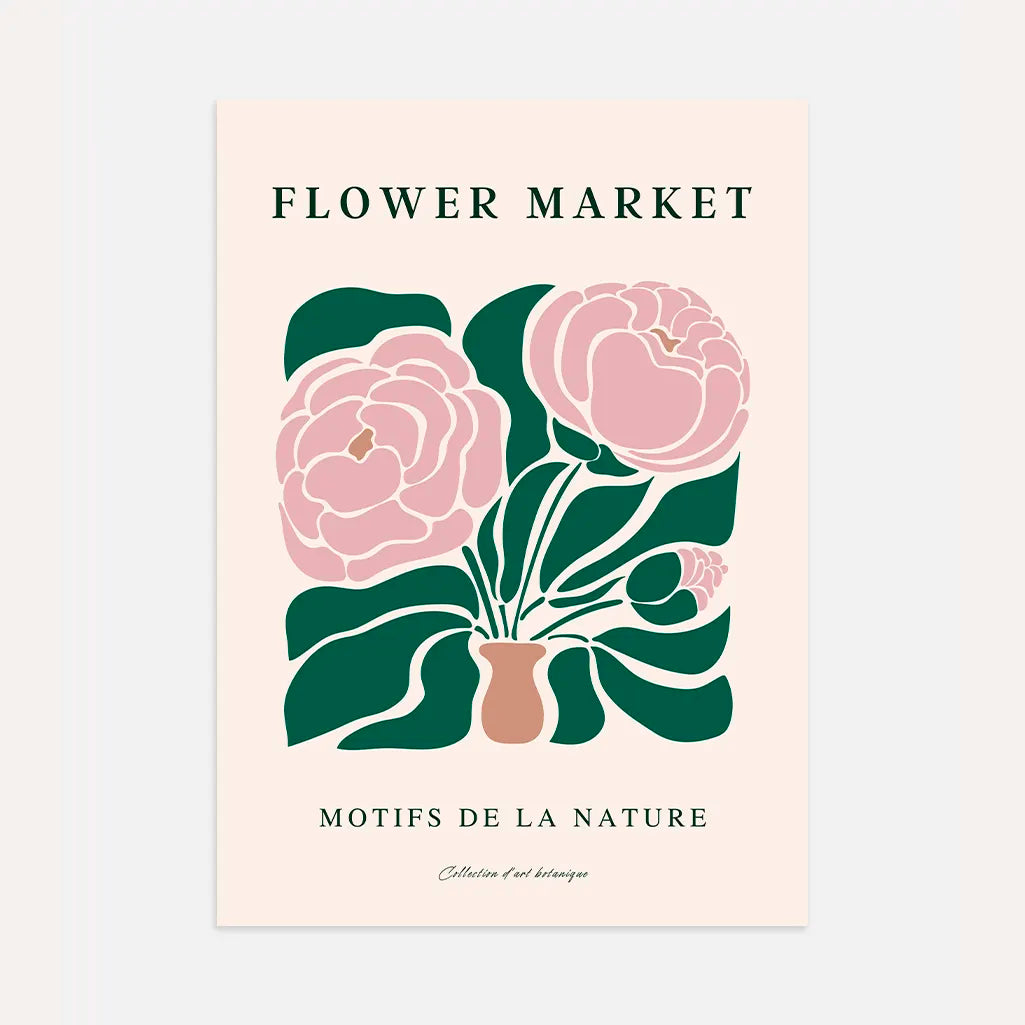 Rose garden peonies poster with pink flowers on deep green background