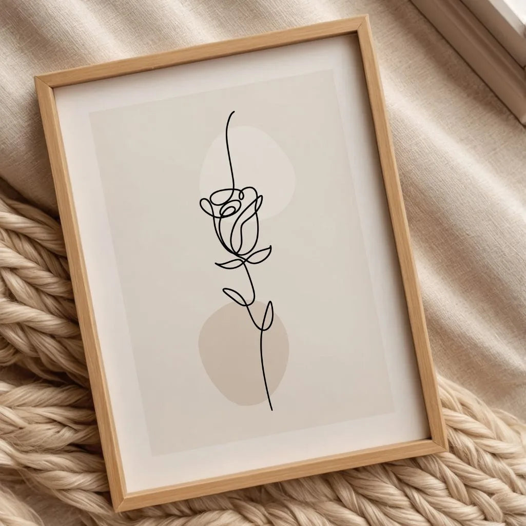 Rose line art poster styled in modern bedroom with soft neutral decor
