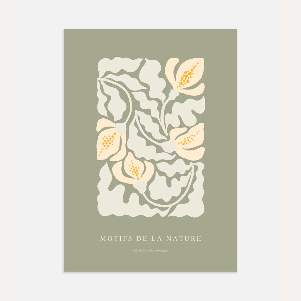 Sage floral harmony poster with cream flowers on muted green botanical background