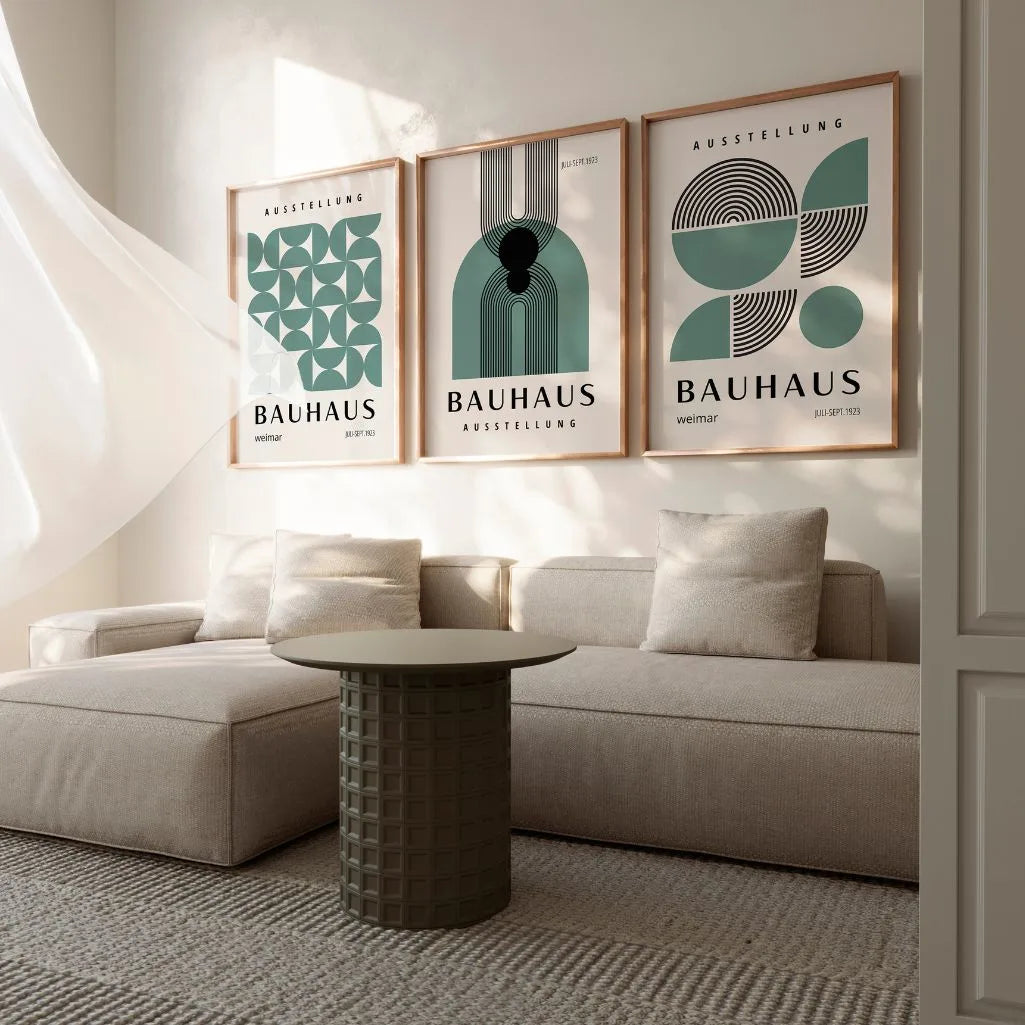 green and sage bauhaus wall art set with geometric segments in modern living room