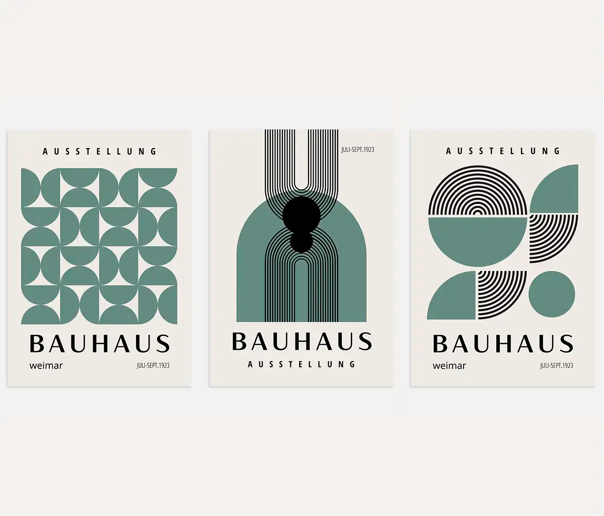 bauhaus poster set of 3 with green and sage semicircle segments and concentric lines on cream background