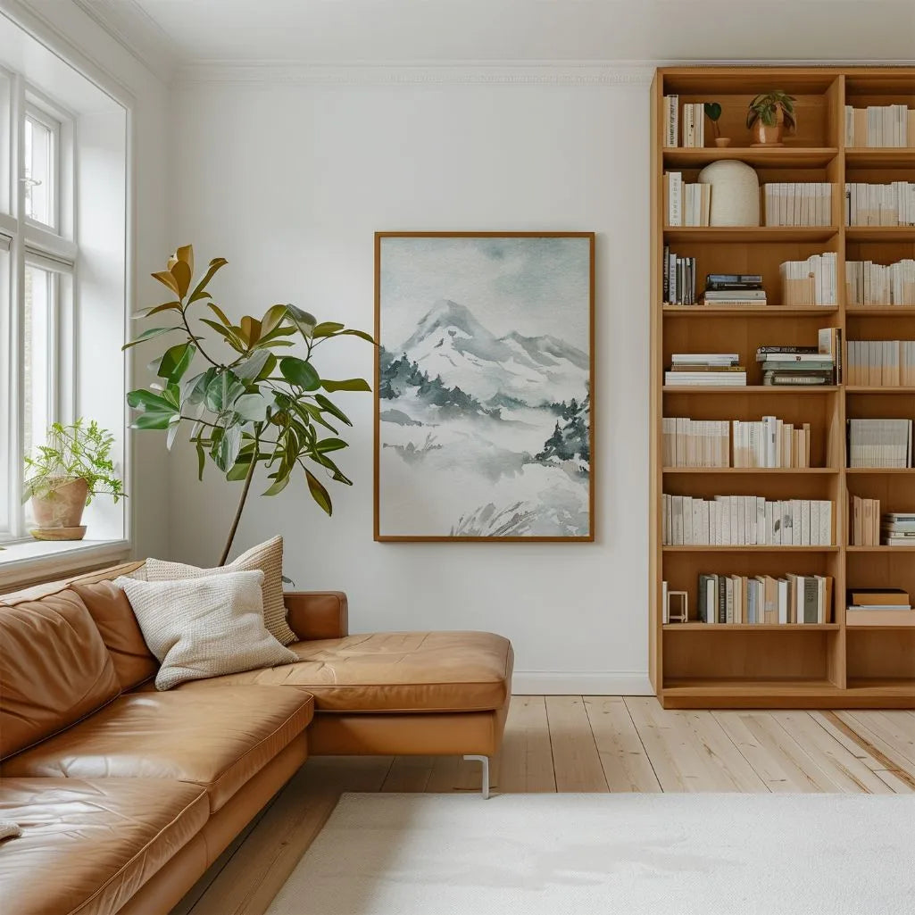 Snowy mountain poster styled in modern minimalist living room