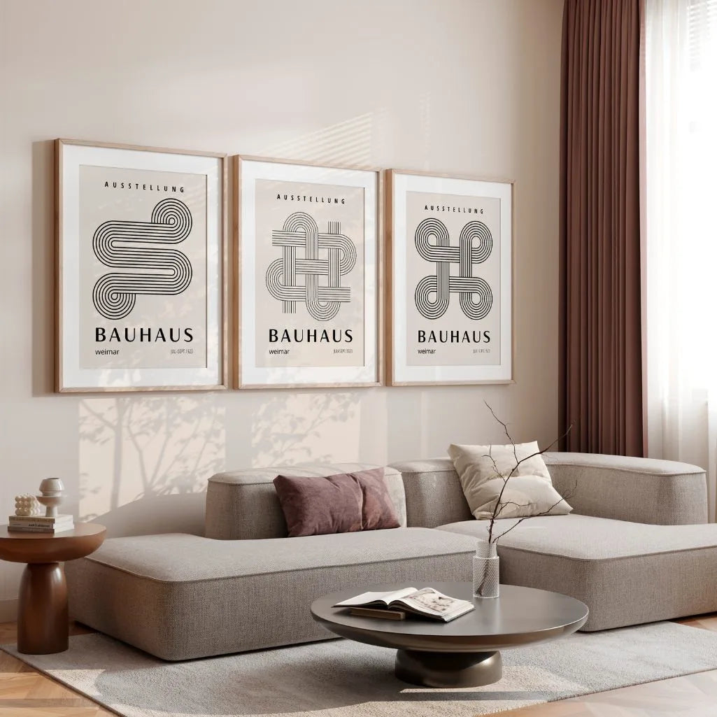 neutral beige and black bauhaus wall art set in modern minimalist living room