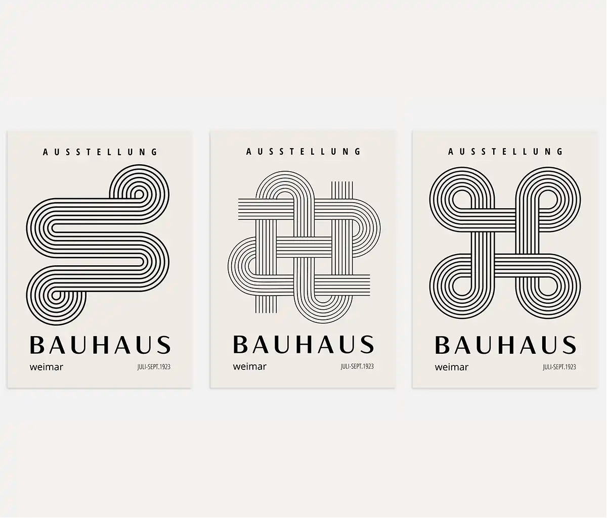 bauhaus poster set of 3 with neutral beige and black geometric lines arcs and modular forms