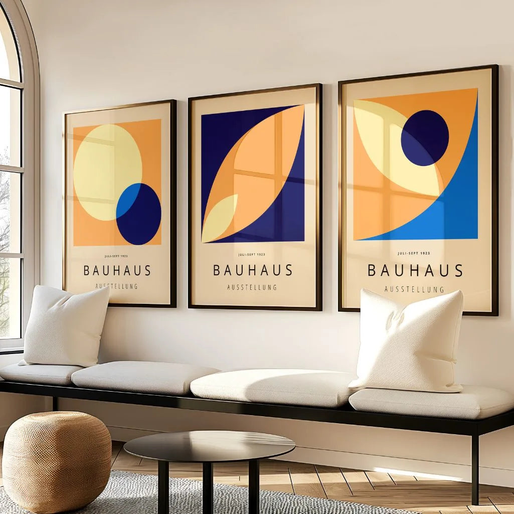 orange cream navy and light blue bauhaus wall art set in modern living room