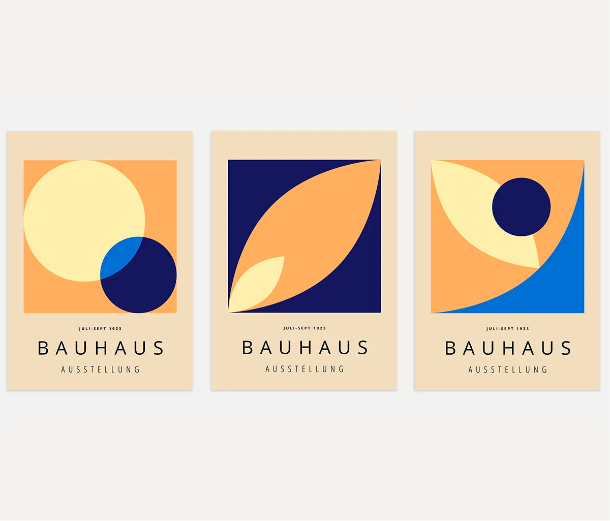 bauhaus poster set of 3 with orange cream navy and light blue geometric arcs and overlapping shapes