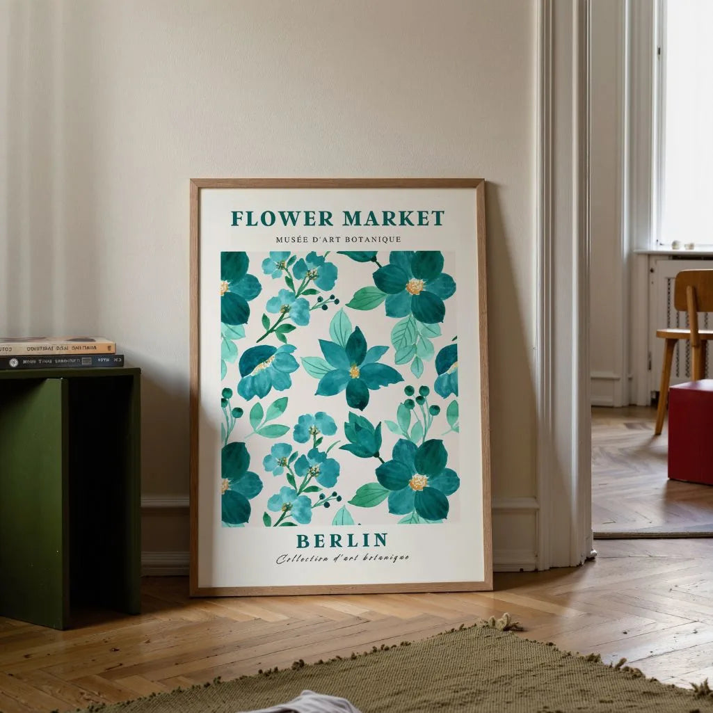Teal flower watercolor poster styled in modern living room with botanical decor
