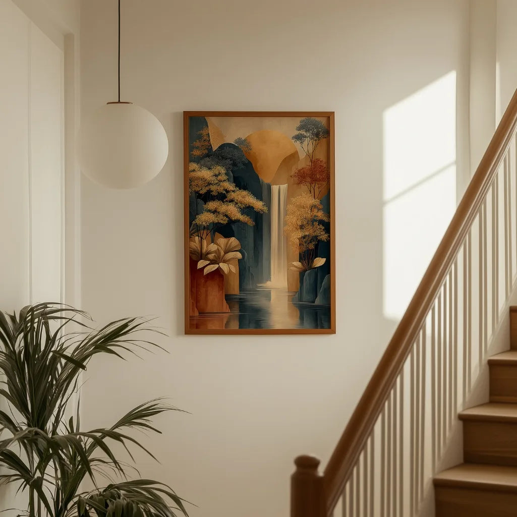 terracotta and blue waterfall wall decor print for cozy bedroom and contemporary home styling