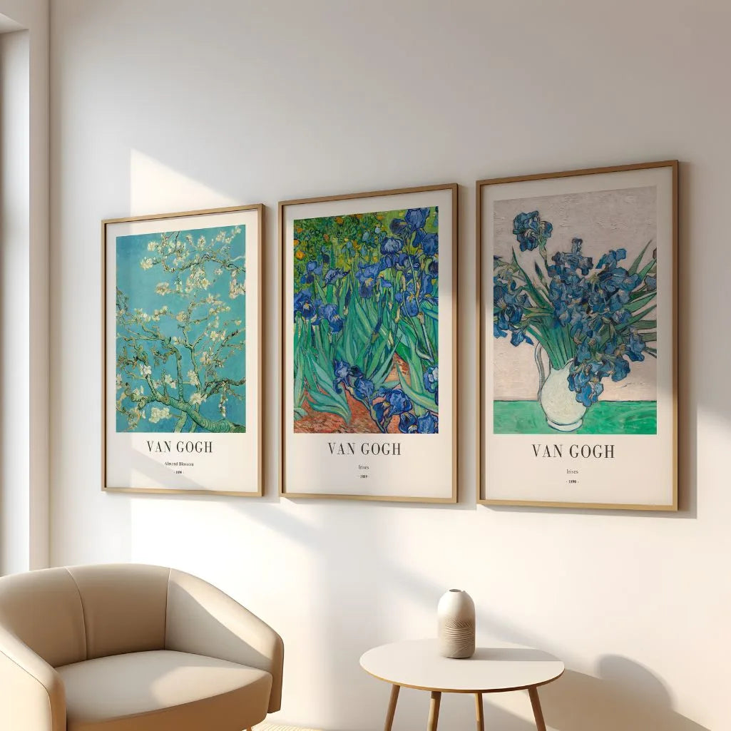 Vincent van Gogh classic floral poster set with blue botanical wall art