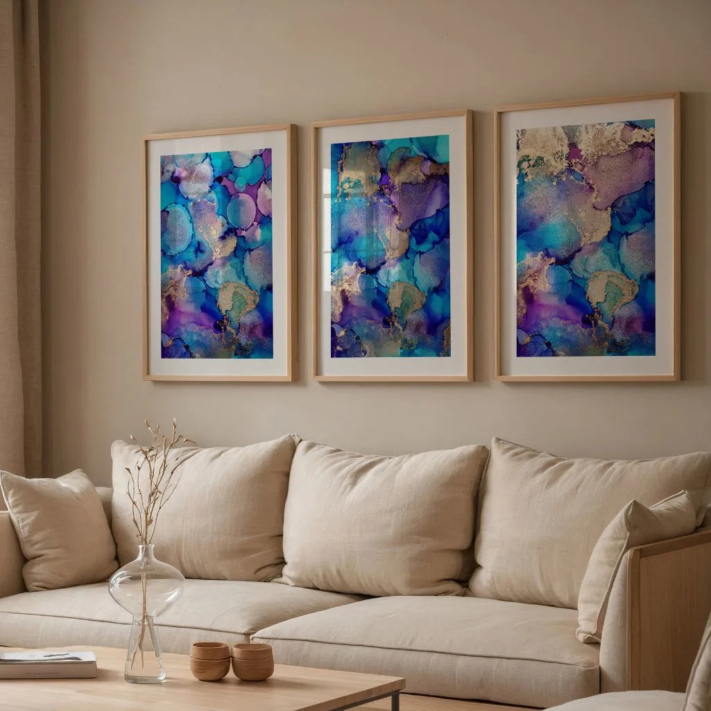 vibrant abstract poster set of 3 blue purple gold wall art