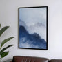 Watercolor landscape poster displayed in gallery wall with calm minimal decor