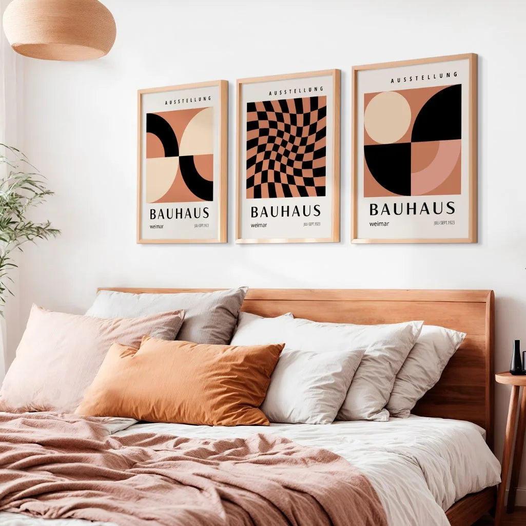caramel cream and black bauhaus wall art set in modern living room