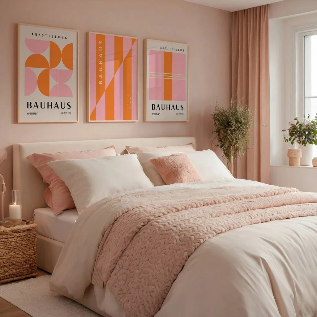 pink and orange bauhaus wall art set in modern contemporary living room