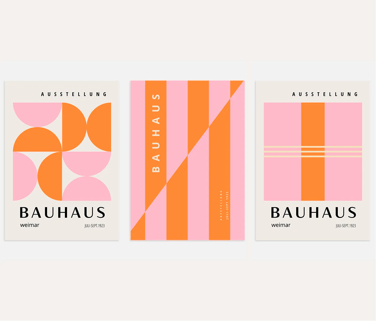 bauhaus poster set of 3 with pink and orange geometric bands semicircles and lines