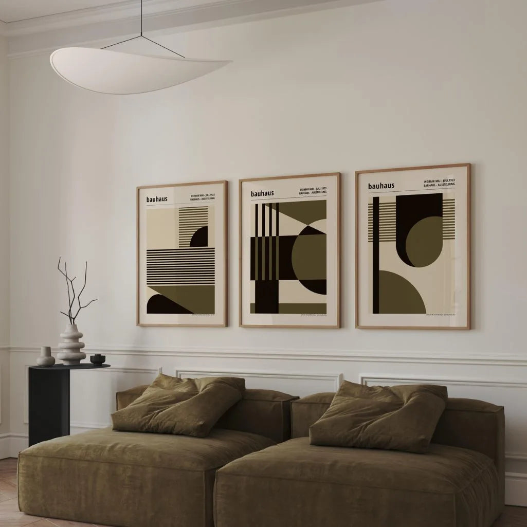 green olive and beige bauhaus wall art set with flowing forms in modern living room
